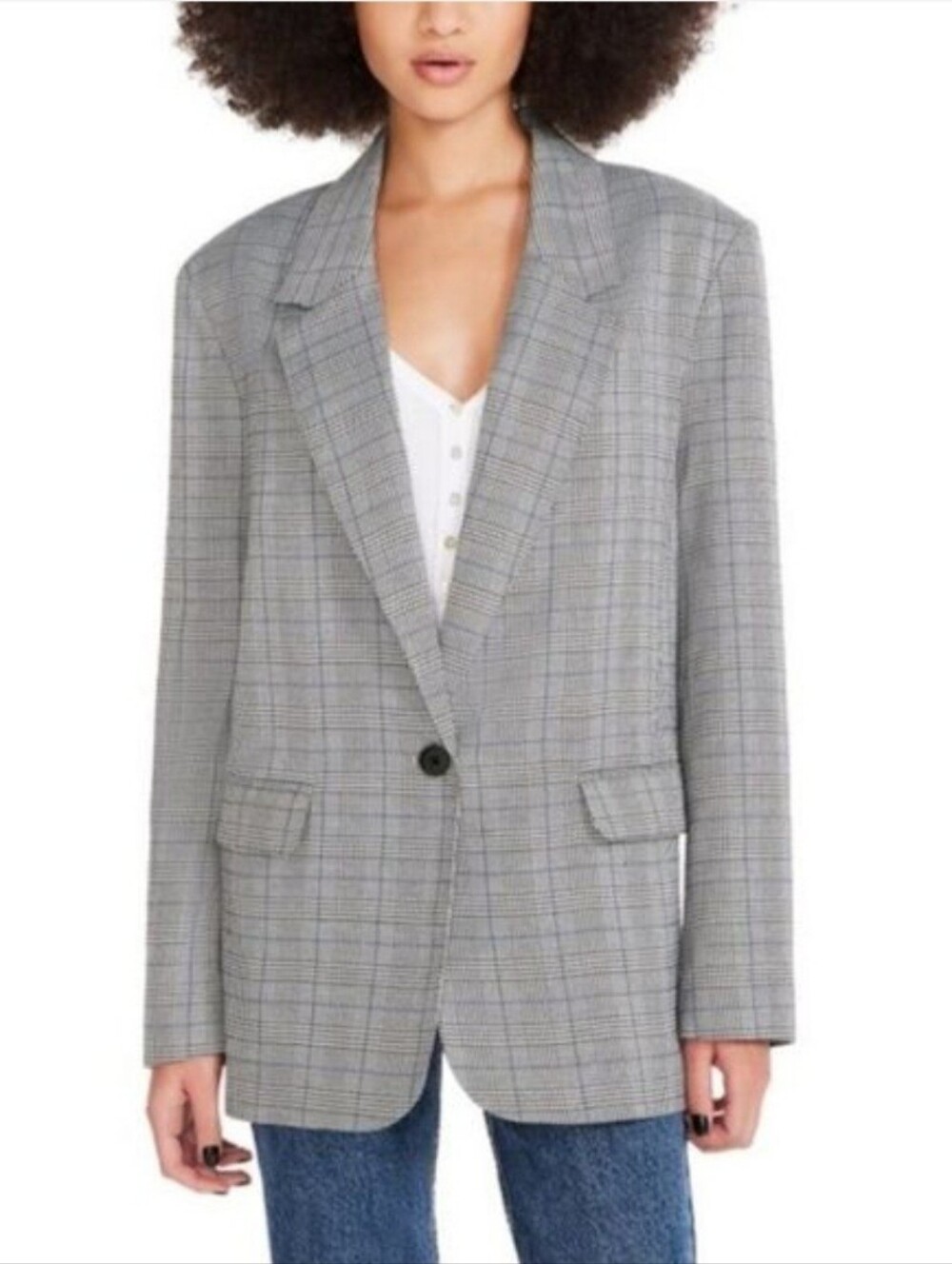 Oversized Gray-base Plaid Single-Button Blazer